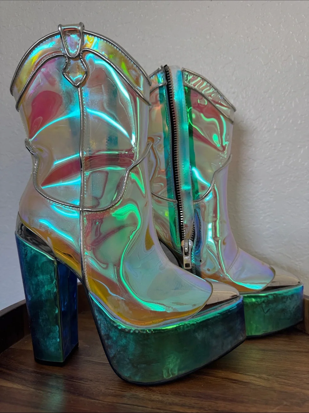CLUB EXX Iridescent Platform Ankle Boots — Holographic Multi-Color
